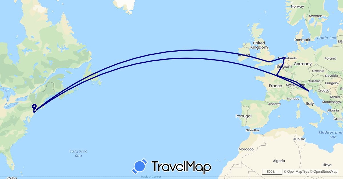 TravelMap itinerary: driving in Belgium, Switzerland, France, United Kingdom, Italy, Netherlands, United States (Europe, North America)